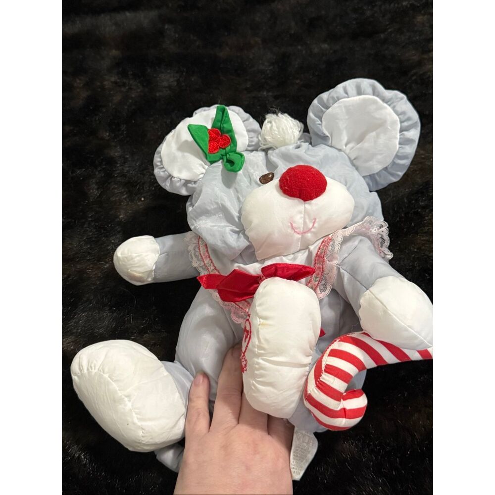 Vtg Fisher Price Puffalump White Christmas Mouse Candy Cane Bow Plush 8016